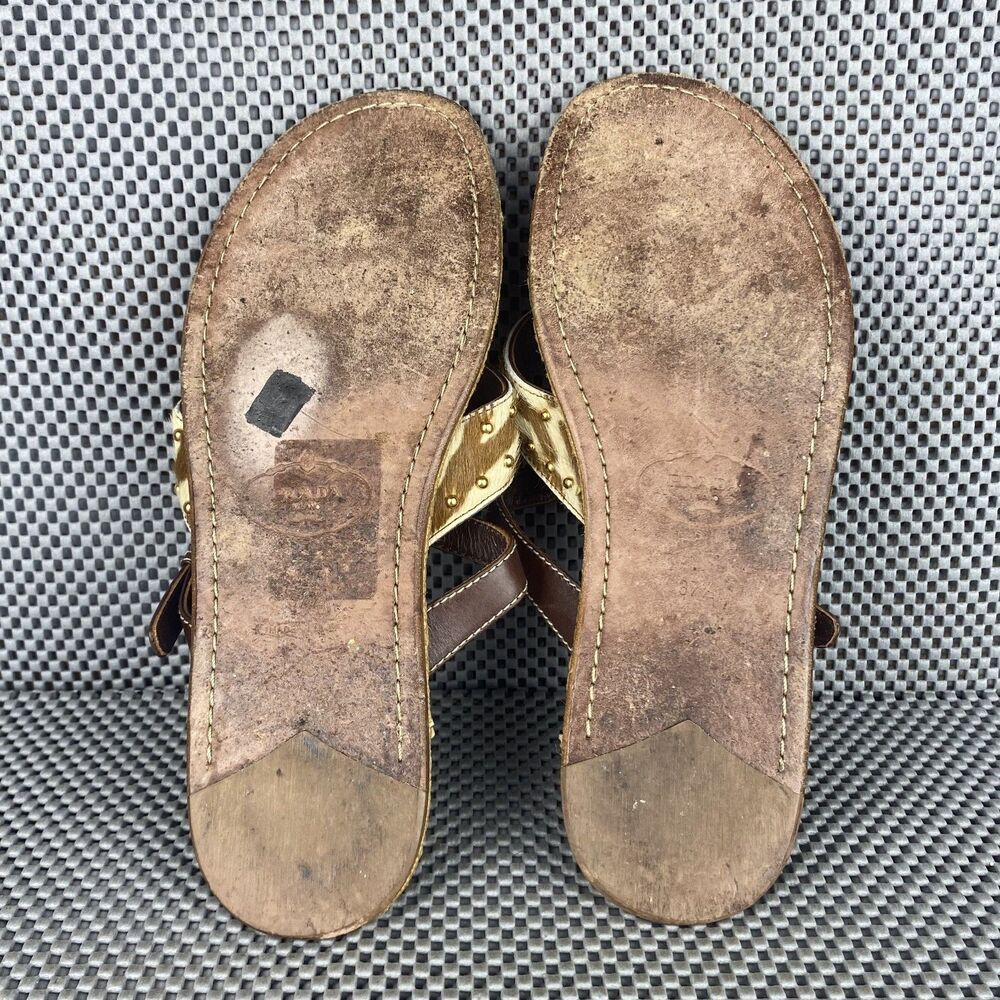 Vintage Prada Sandals Womens 37.5 Brown Leather Thong Sandals Made in Italy - Picture 11 of 12